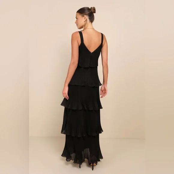 LULU’S Elegant Nature Black Pleated Sleeveless Tiered Maxi Dress - Picture 4 of 6